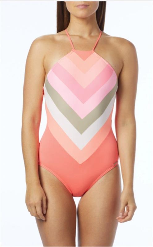 NWOT Vince Camuto 12 High Neck 1PC Swimsuit Camellia Stripe Chevron 125354