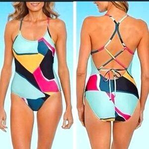 NWT Xersion LG Adjustable String Back Black 1PC Swimsuit 125358