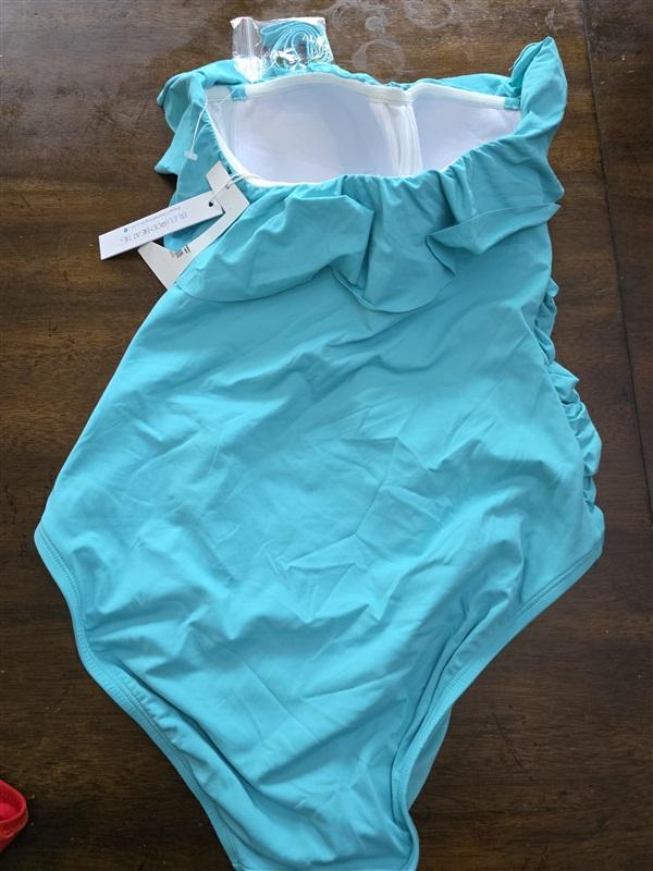 NWT Bleu Rod Beattie 8 Shirred Ruffle Bandeau Mio 1PC Swimsuit Blue 125459