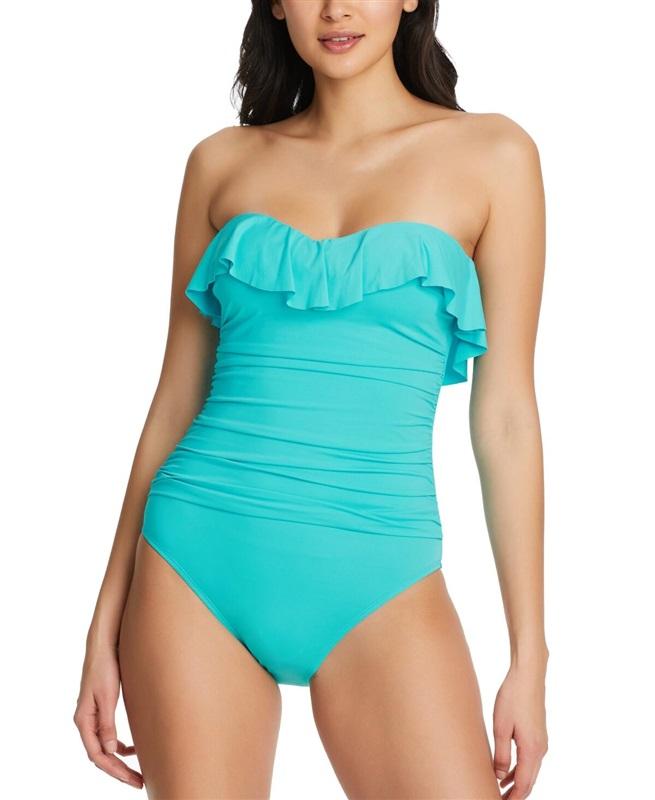 NWT Bleu Rod Beattie 8 Shirred Ruffle Bandeau Mio 1PC Swimsuit Blue 125459