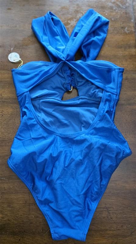NWT Mynah XS Off Shoulder U-Wire Ruched 1PC Swimsuit Blue Sparkle 125474