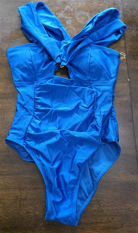 NWT Mynah XS Off Shoulder U-Wire Ruched 1PC Swimsuit Blue Sparkle 125474