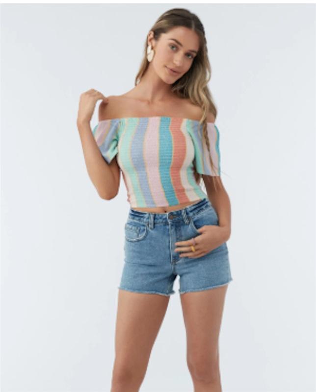 NWT O'Neill M Ally Stripe Square Neck Crinkle Gauze Off Shoulder Top 125494