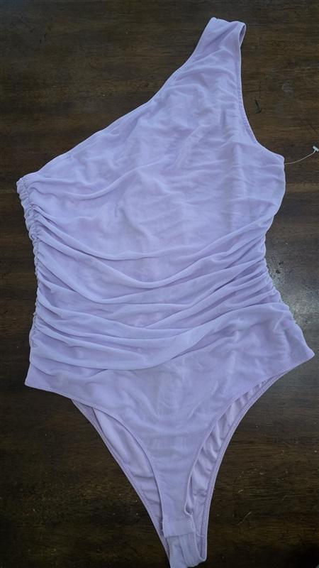 NWT Anrabess M Lavender Mesh Ruched One-Shoulder Bodysuit 125495