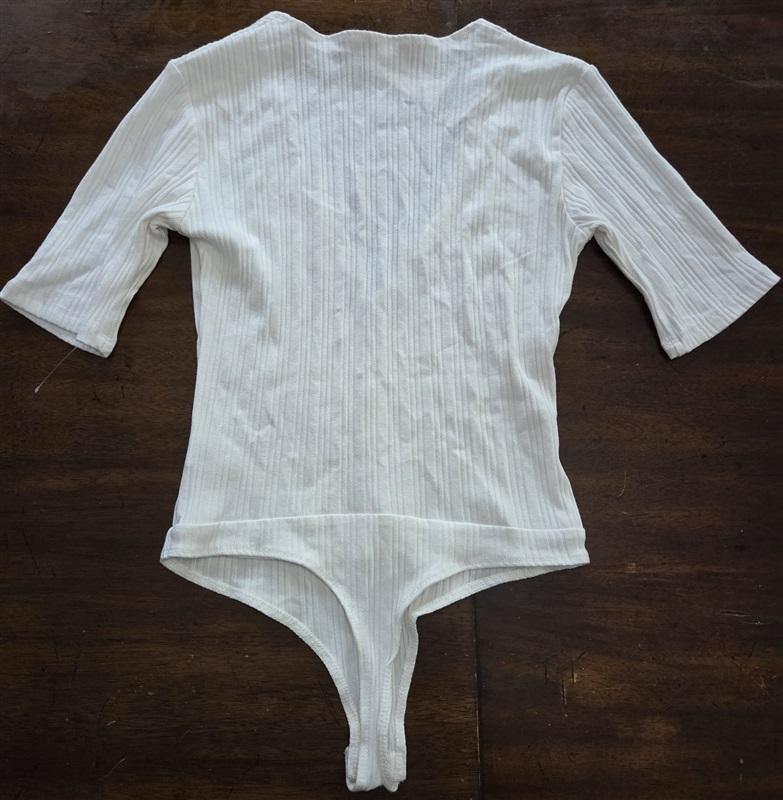 NWT Olivaceous S White Ribbed Knit Deep V-Neck Thong Bodysuit 125512