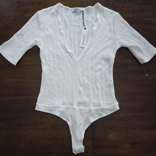 NWT Olivaceous S White Ribbed Knit Deep V-Neck Thong Bodysuit 125512
