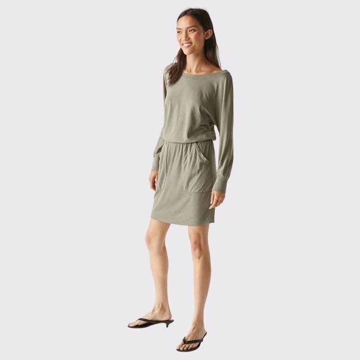 NWOT Michael Stars L Kerrigan On/Off Shoulder Rib Mix Dress Olive Green 125516
