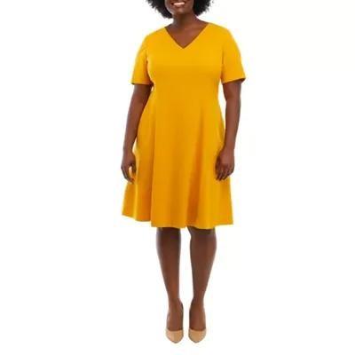 NWTD Evan-Picone 24W Elbow Sleeve Scuba Crepe Seamed Flare Dress Gold 125521