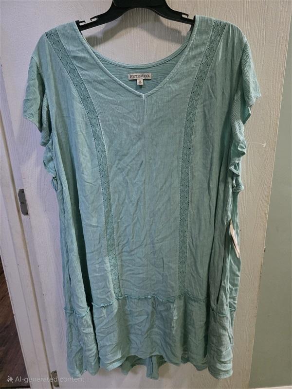 NWT Frye & Co. 2X Crystal Green Crinkle Gauze Western V-Neck Dress 125529