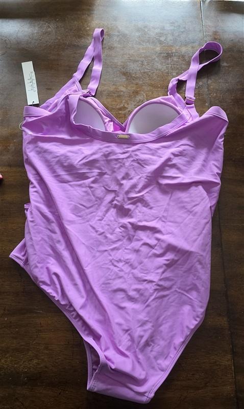 NWT Nicole Miller Ruched Criss Cross Swimsuit M 1Pc Cyclamen Purple 125560
