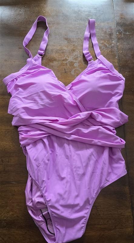 NWT Nicole Miller Ruched Criss Cross Swimsuit M 1Pc Cyclamen Purple 125560