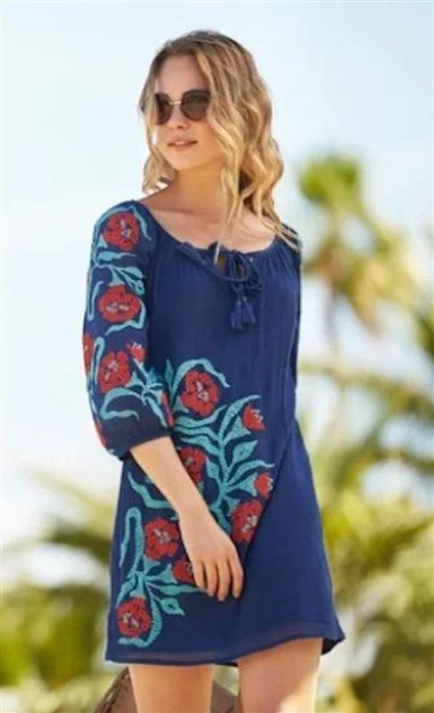 NWOTD Trina Turk 10 Crinkle Gauze Blue Embroidered Floral Mini Boho Dress 125587