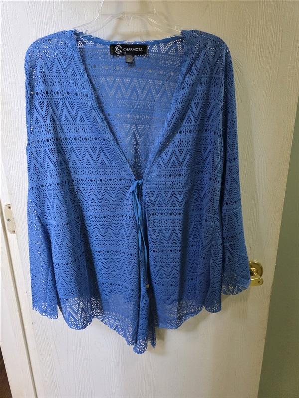 NWOT Charmosa XL Open Front Mesh Kimono Swim Cover-Up Blue 125595