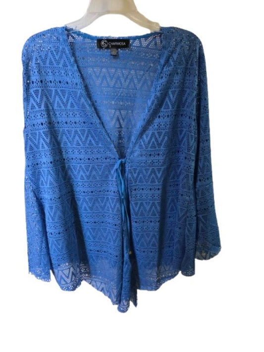 NWOT Charmosa L Open Front Mesh Kimono Swim Cover-Up Blue 125596