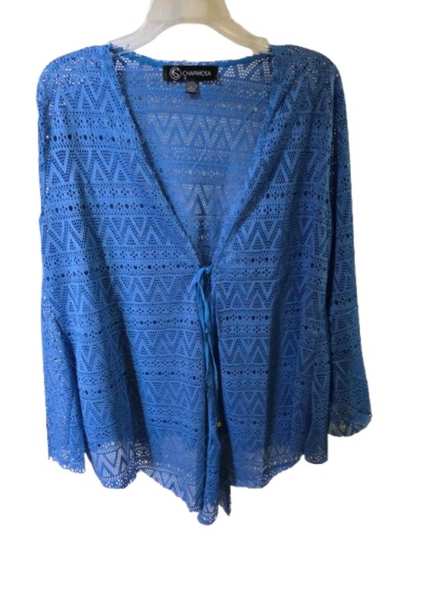 NWOT Charmosa M Open Front Mesh Kimono Swim Cover-Up Blue 125597