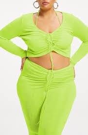 NWT Good American 4 XL Mesh Ruched V Crop Top Electric Lime Green 125603