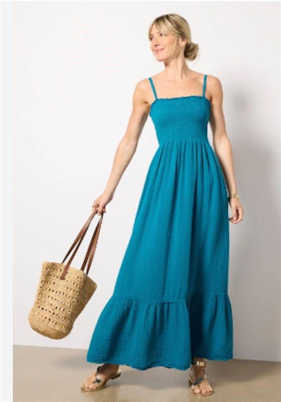 NWOT Michael Stars XS Alejandra Crinkle Gauze Teal Blue Sun Dress 125612