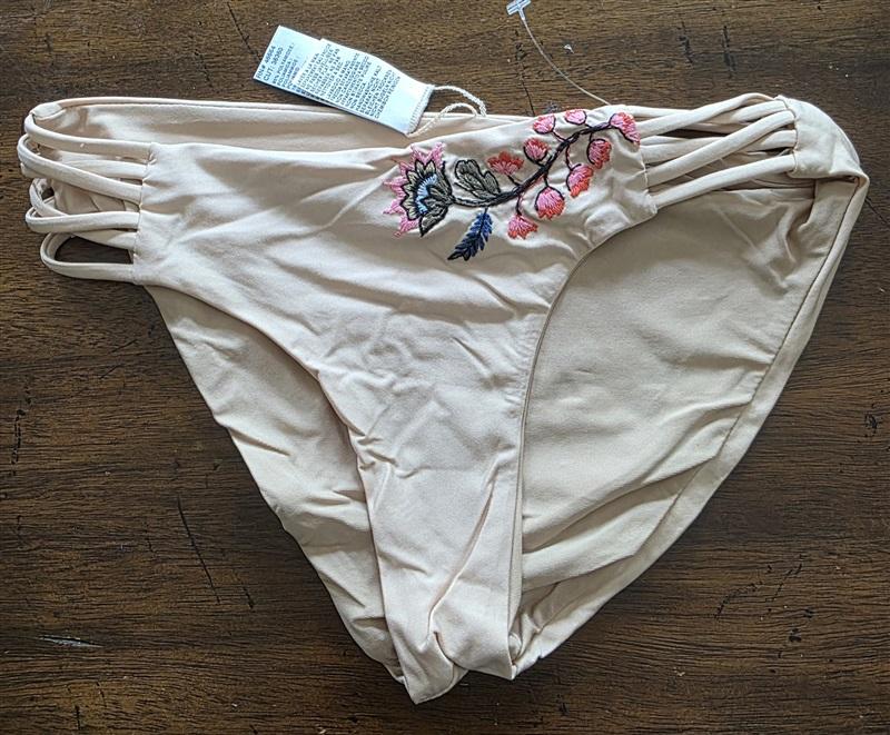 NWT Ella Moss S Retro Strappy Embroidered Bikini Swim Bottoms Beige 125744