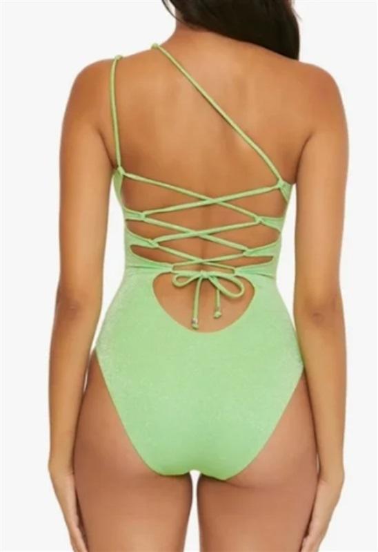 NWT Becca Virtue M Glimmer Metallic Asymmetrical Green 1pc Swimsuit 125769