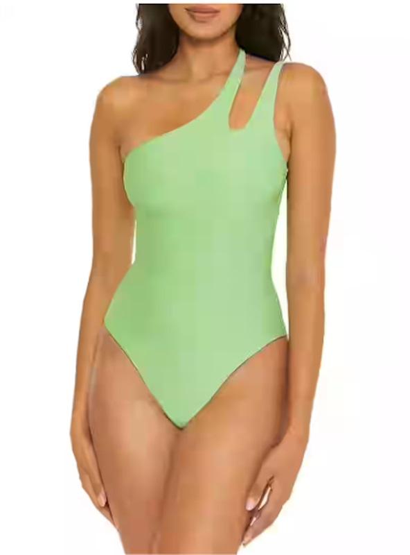 NWT Becca Virtue M Glimmer Metallic Asymmetrical Green 1pc Swimsuit 125769