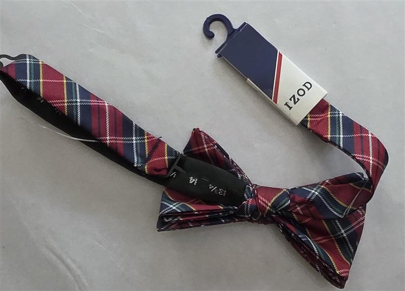 NWT Izod Men's Pre-Tied Bow Tie Red Blue Plaid Adj Formal Classic Style 125775