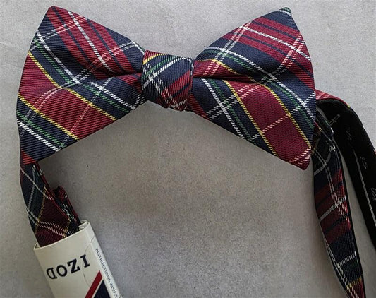NWT Izod Men's Pre-Tied Bow Tie Red Blue Plaid Adj Formal Classic Style 125775