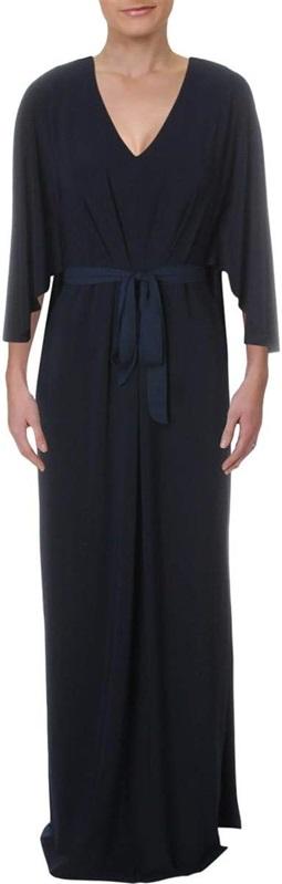 NWTD Ralph Lauren 14 Cape Jersey Gown Navy Blue V Neck Maxi Dress 125915