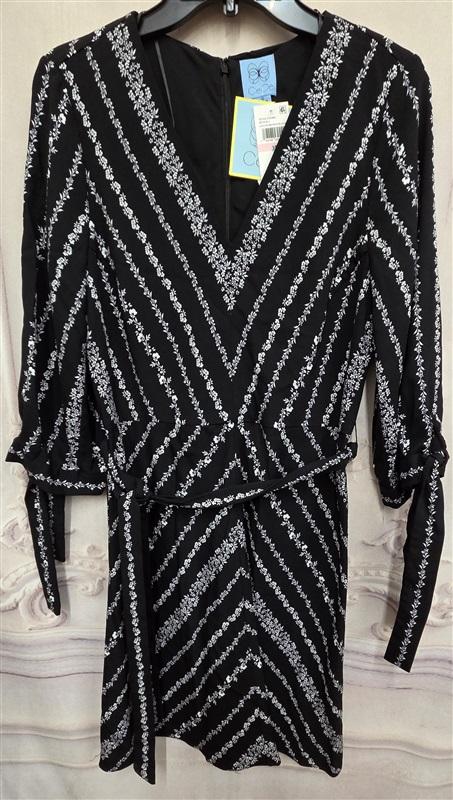 NWT CeCe 10 Black White Chevron Floral 3/4 Sleeve Short Fit + Flare Dress 125924