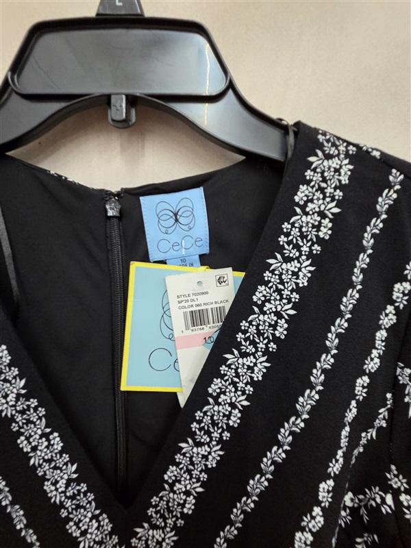 NWT CeCe 10 Black White Chevron Floral 3/4 Sleeve Short Fit + Flare Dress 125924