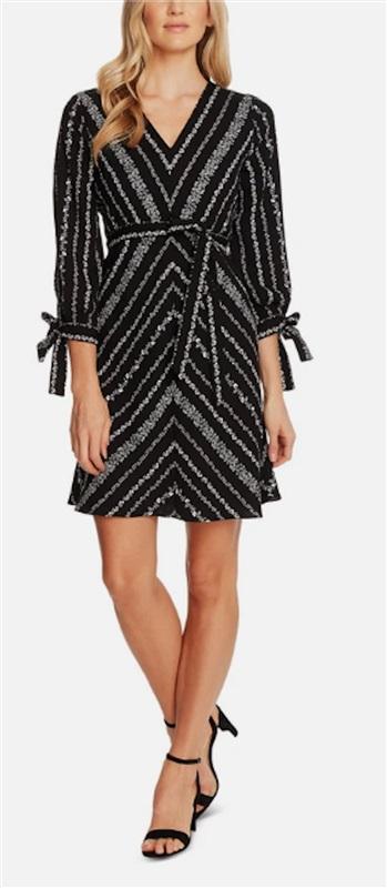 NWT CeCe 10 Black White Chevron Floral 3/4 Sleeve Short Fit + Flare Dress 125924