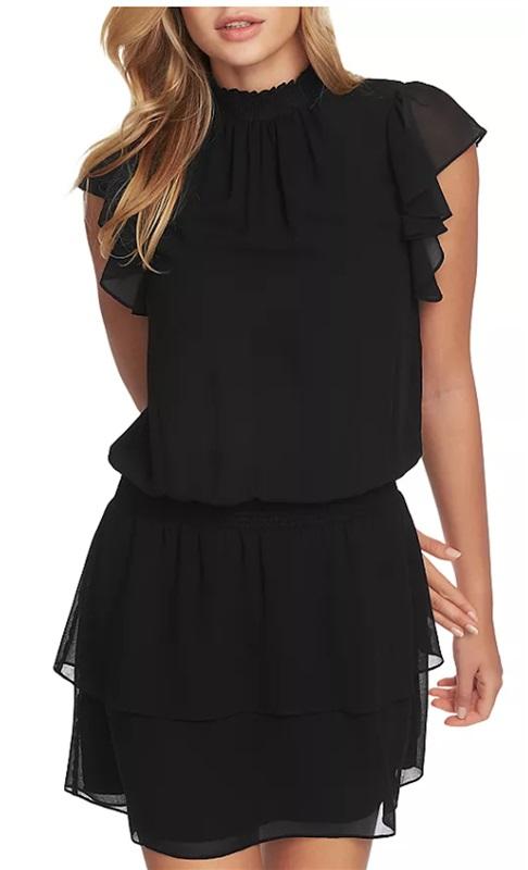 NWT 1 State M Mock Neck Flutter Mini Dress Black Ruffle 125971