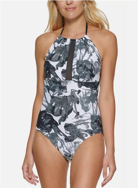 NWT Calvin Klein 16 INK SMOKE BLACK High-Neck Halter 1PC Swimsuit 125983