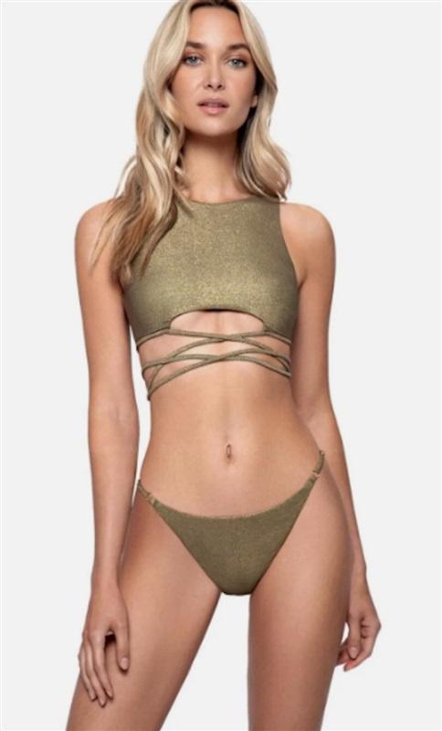 NWT Pilyq PQ M Euphoria Adjust Teeny Olive Bikini Bottom Swim Shimmer 125985