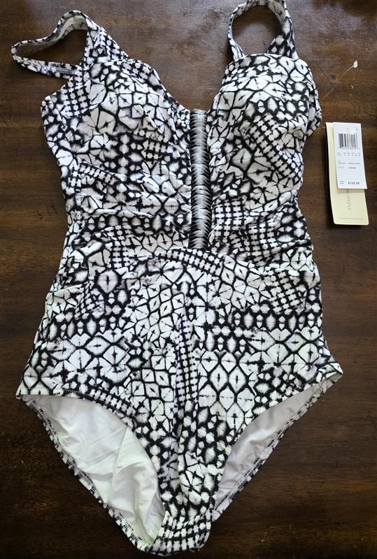 NWT Gottex Profile 12 Tribal Batik 1PC Swimsuit Black White 126030