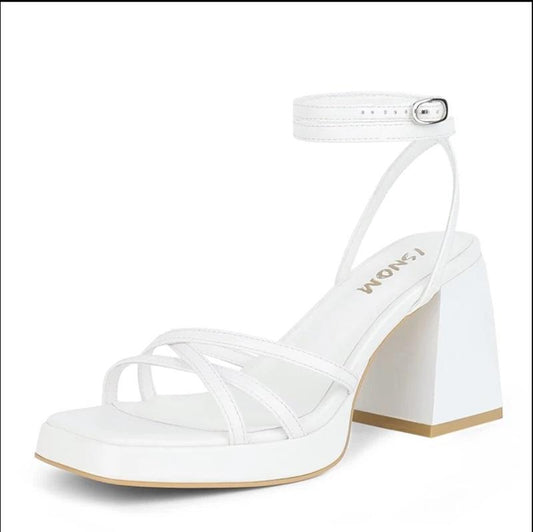 NWOT ISNOM 7.5 90's White Platform Heels Block Chunky Sandals Ankle Strap 126158