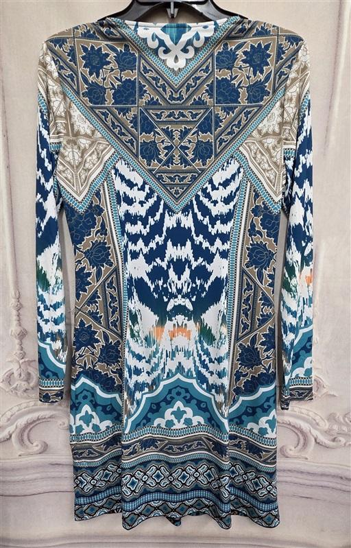 NWOT Hale Bob S Jersey Baroque Scarf Print Dress BLue Teal white V Neck 126336