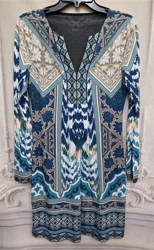 NWOT Hale Bob S Jersey Baroque Scarf Print Dress BLue Teal white V Neck 126336