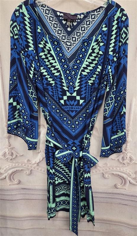 NWOT Hale Bob S Baroque Scarf Print Dress BLue Mint Green V Neck Belted 126338