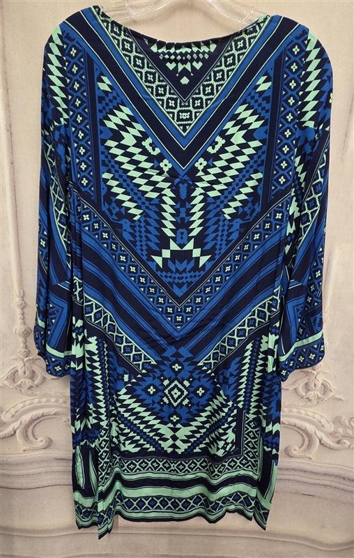 NWOT Hale Bob S Baroque Scarf Print Dress BLue Mint Green V Neck Belted 126338