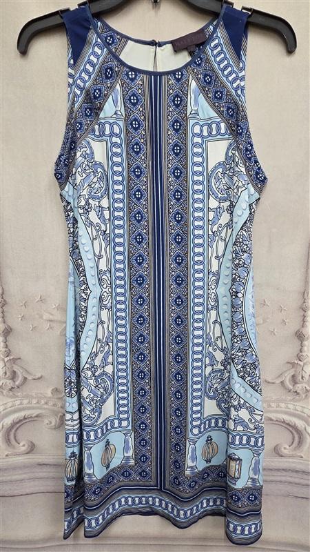 NWOT Hale Bob S Sleeveless Baroque Scarf Print Dress BLue Tan White 126349