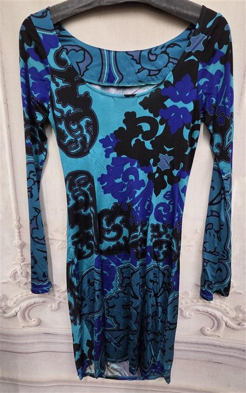 NWOT Hale Bob S Silk Ruched Body Con Dress Turquoise Blue Black 126352