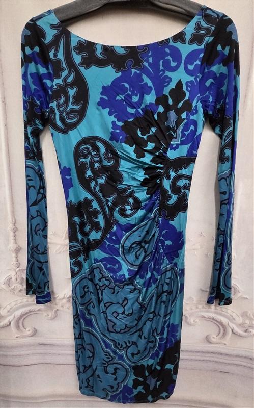 NWOT Hale Bob S Silk Ruched Body Con Dress Turquoise Blue Black 126352