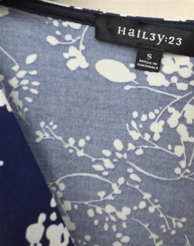 NWOT Hailey:23 S Navy Blue White Floral Ruched Faux Wrap Dress