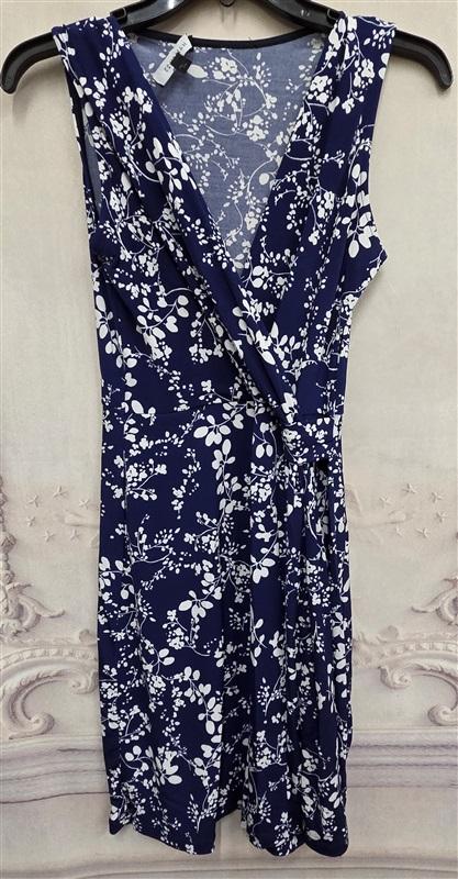 NWOT Hailey:23 S Navy Blue White Floral Ruched Faux Wrap Dress