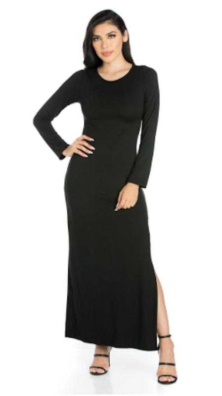 NWOT 24/Seven L Strut It Black Long Sleeve Side Slit Maxi Dress 126361