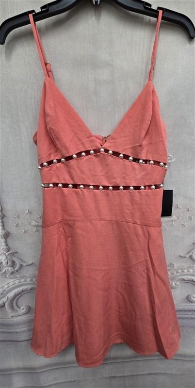 NWT NBD M Coral Peach Fit & Flare Mini Cut Out Pearl Sparkle Dress 126392