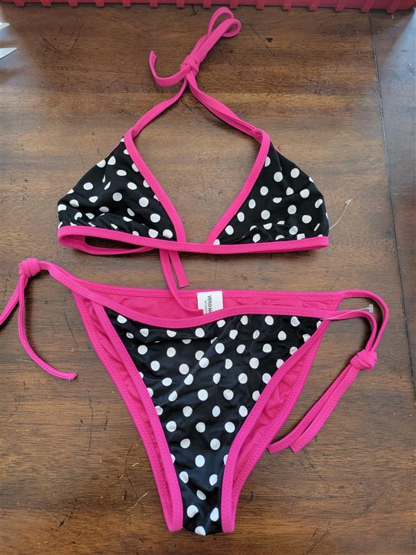 NWOT Vera Moda S Black White Pink Polka Dot Bikini Swim Top Bottom 126467