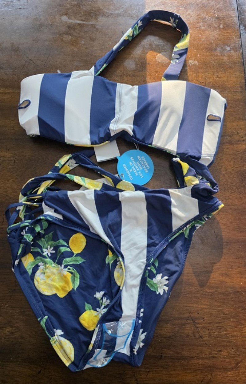 NWT WET LA Medium Monokini 1pc Reversible Navy Lemons Stripe 126483