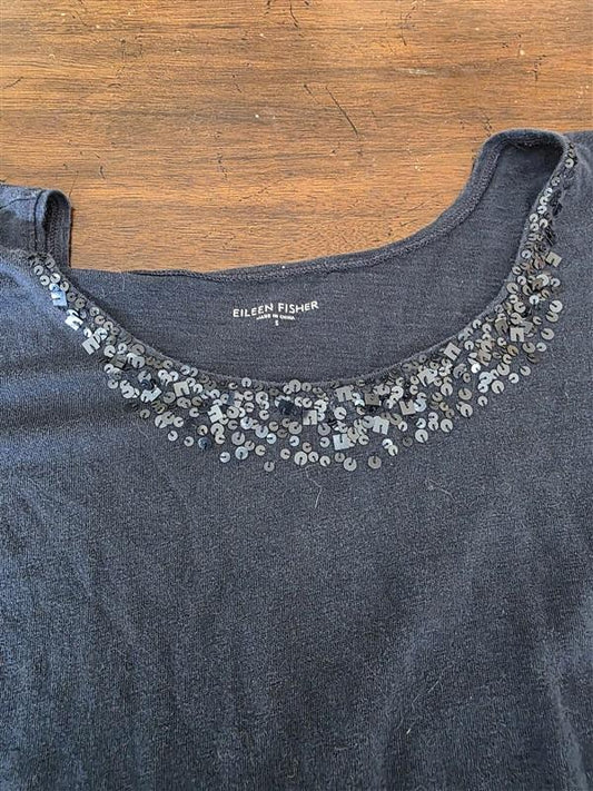 PO Eileen Fisher S Organic Linen Sequin Blue 3/4 Sleeve Top Tunic 126487