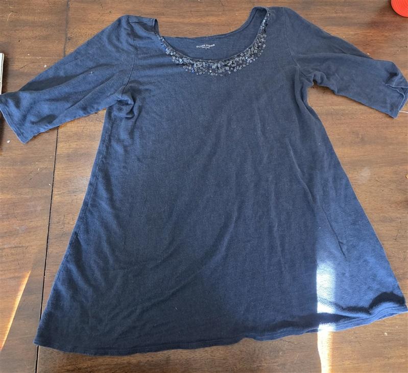PO Eileen Fisher S Organic Linen Sequin Blue 3/4 Sleeve Top Tunic 126487